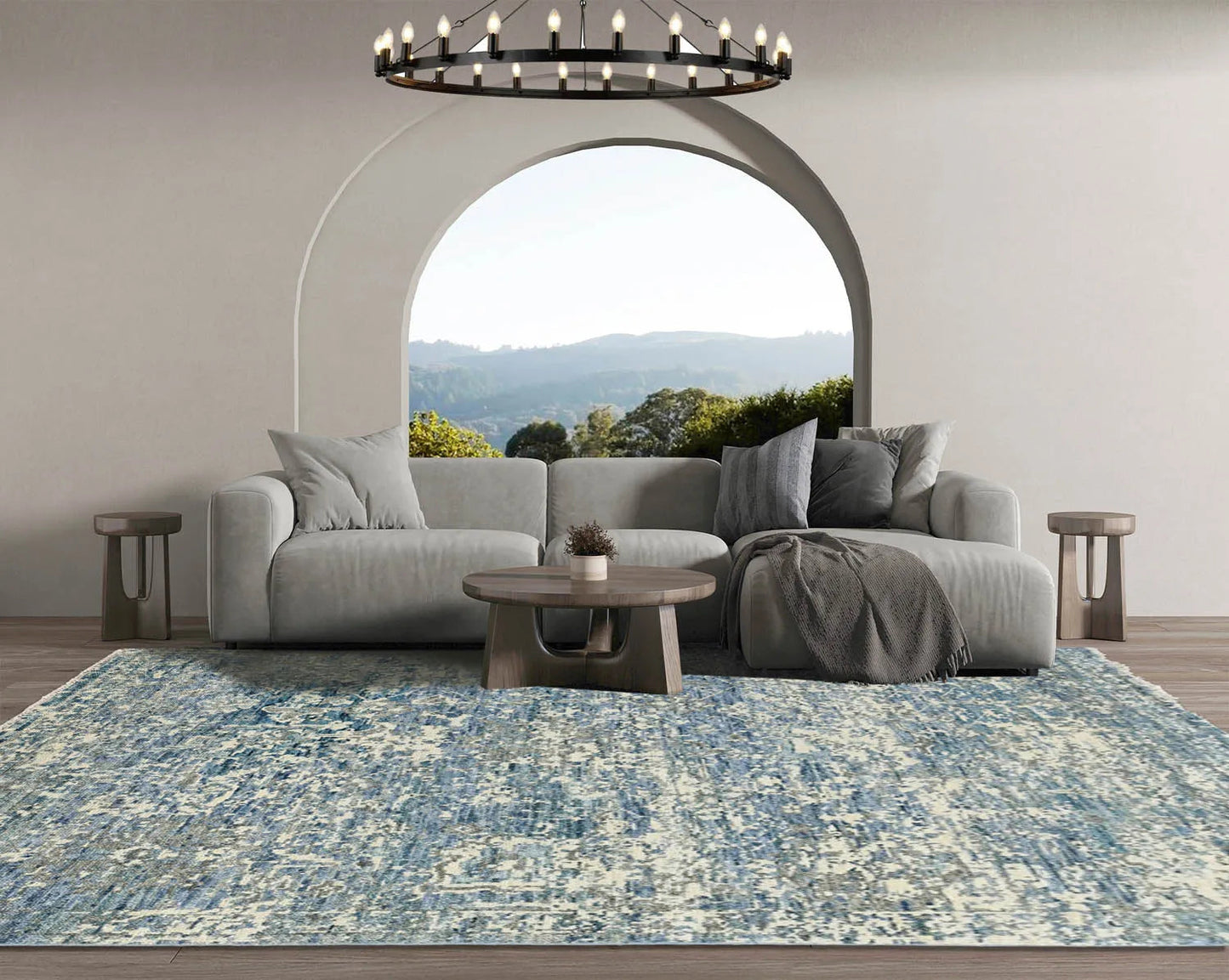 Multi Size Beige, Blue Hand Knotted 100% Wool Turkish Oushak Transitional Oriental Area Rug-0
