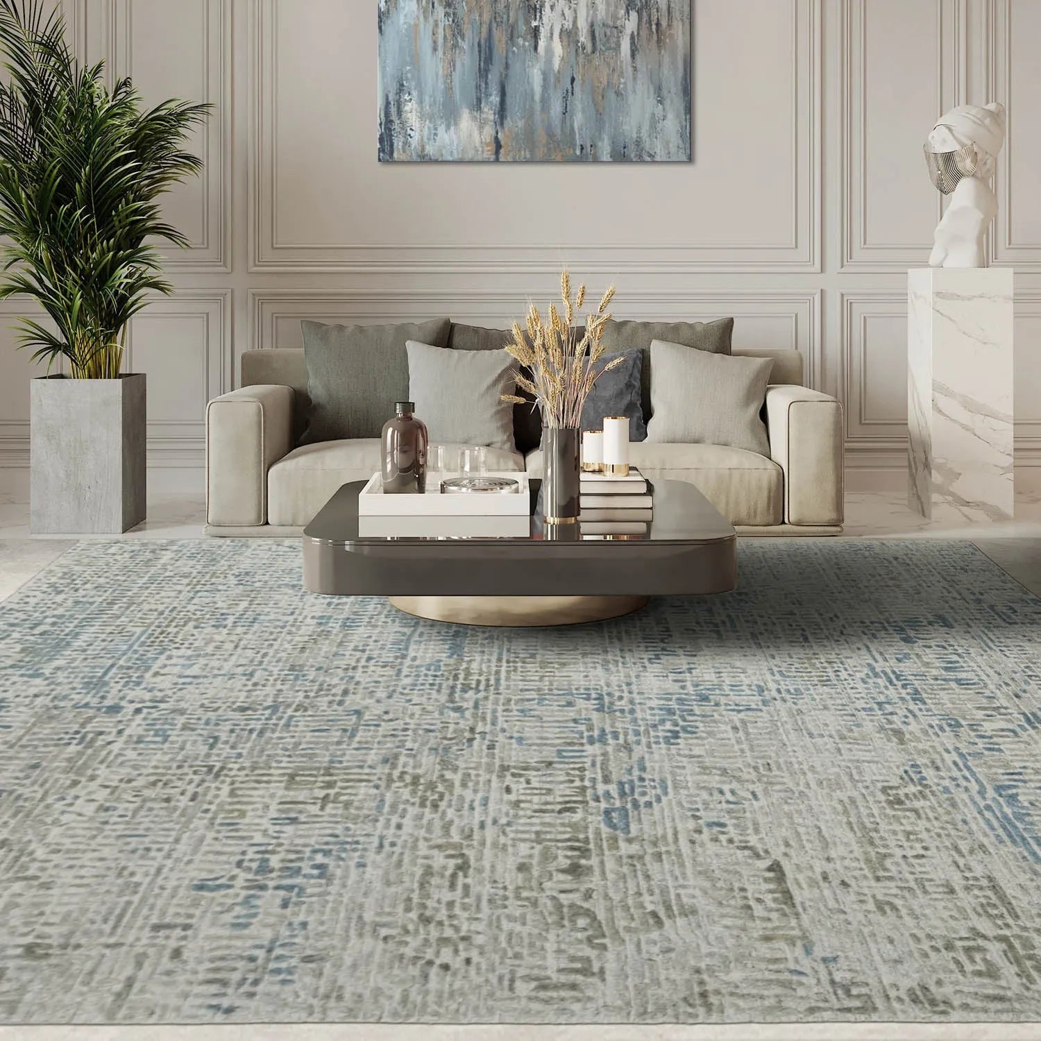 Multi Size Gray, Beige Hand Knotted Tibetan Wool/Bamboo Silk Modern & Contemporary Oriental Area Rug-0