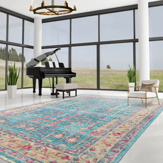 Multi Size Turquoise, Light Gold Hand Knotted Arts & Crafts 100% Wool Turkish Oushak Traditional Oriental Area Rug-0