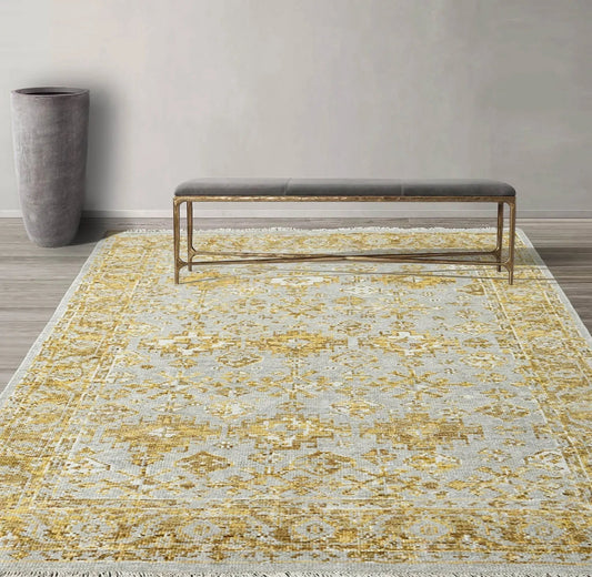 Multi Size Gray, Gold Hand Knotted 100% Wool Turkish Oushak Transitional Oriental Area Rug-0