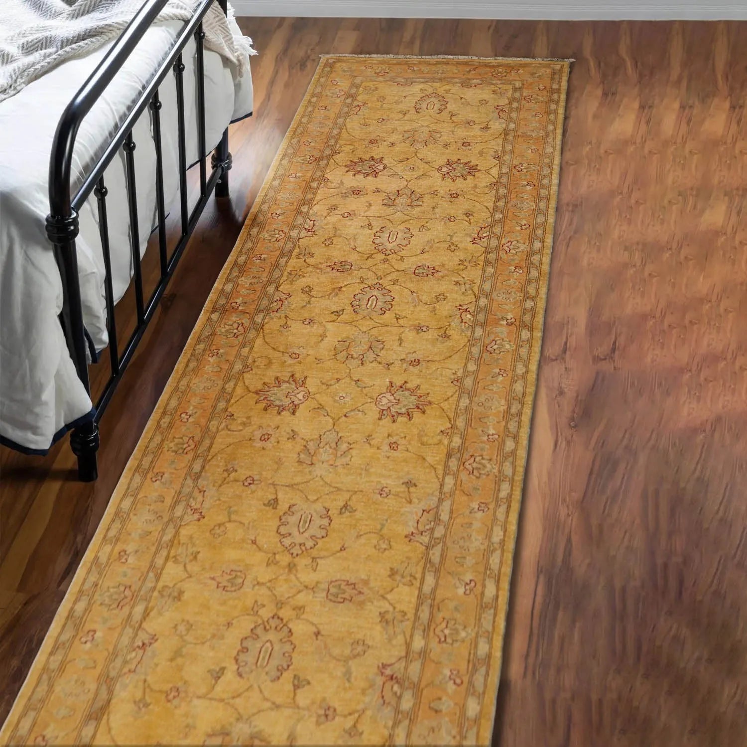 4'7''x12'5'' Runner Beige, Gold Hand Knotted Persian 100% Wool Chobi Peshawar Traditional  Oriental Area Rug-0