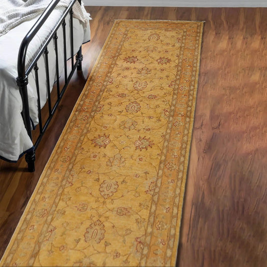 4'7''x12'5'' Runner Beige, Gold Hand Knotted Persian 100% Wool Chobi Peshawar Traditional  Oriental Area Rug-0