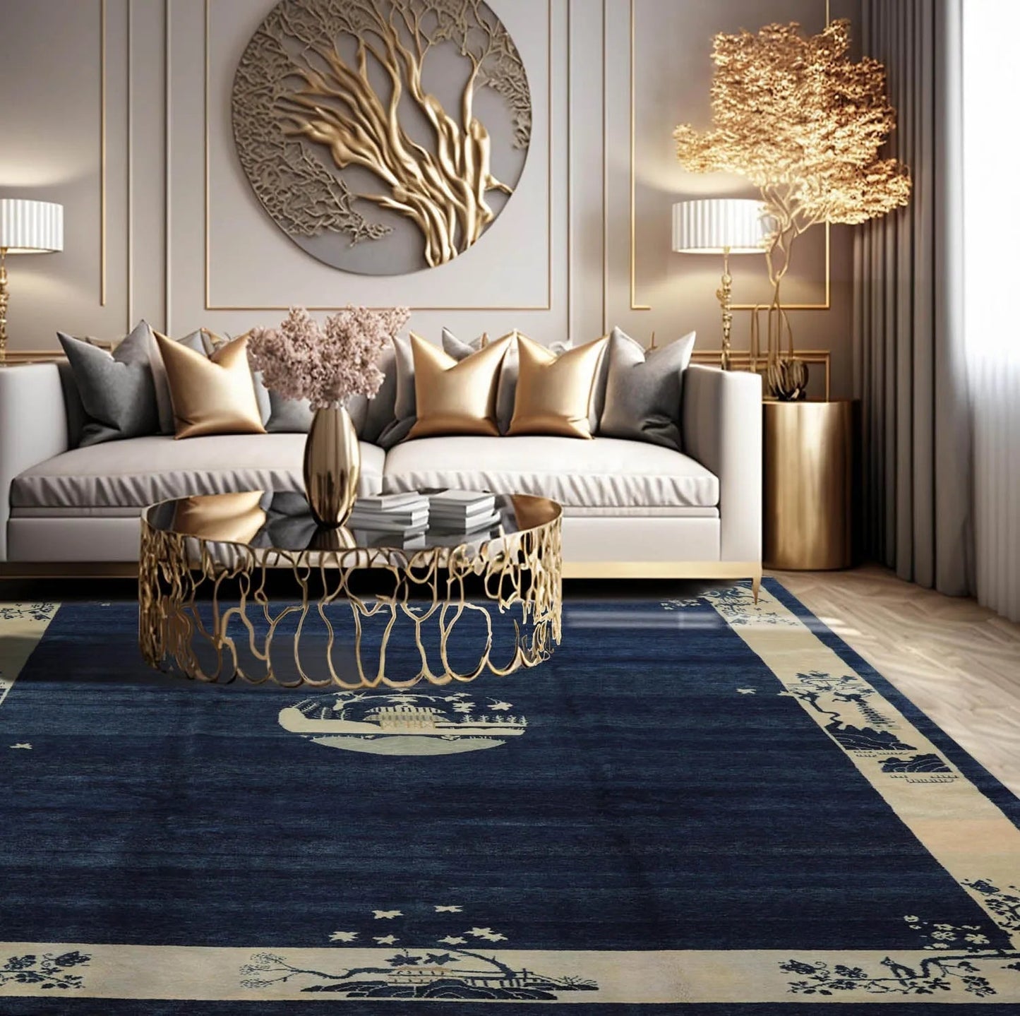 9x12 Navy Blue Hand Knotted Tibetan 100% Wool Michaelian & Kohlberg Chinese Art Deco Oriental Area Rug-0