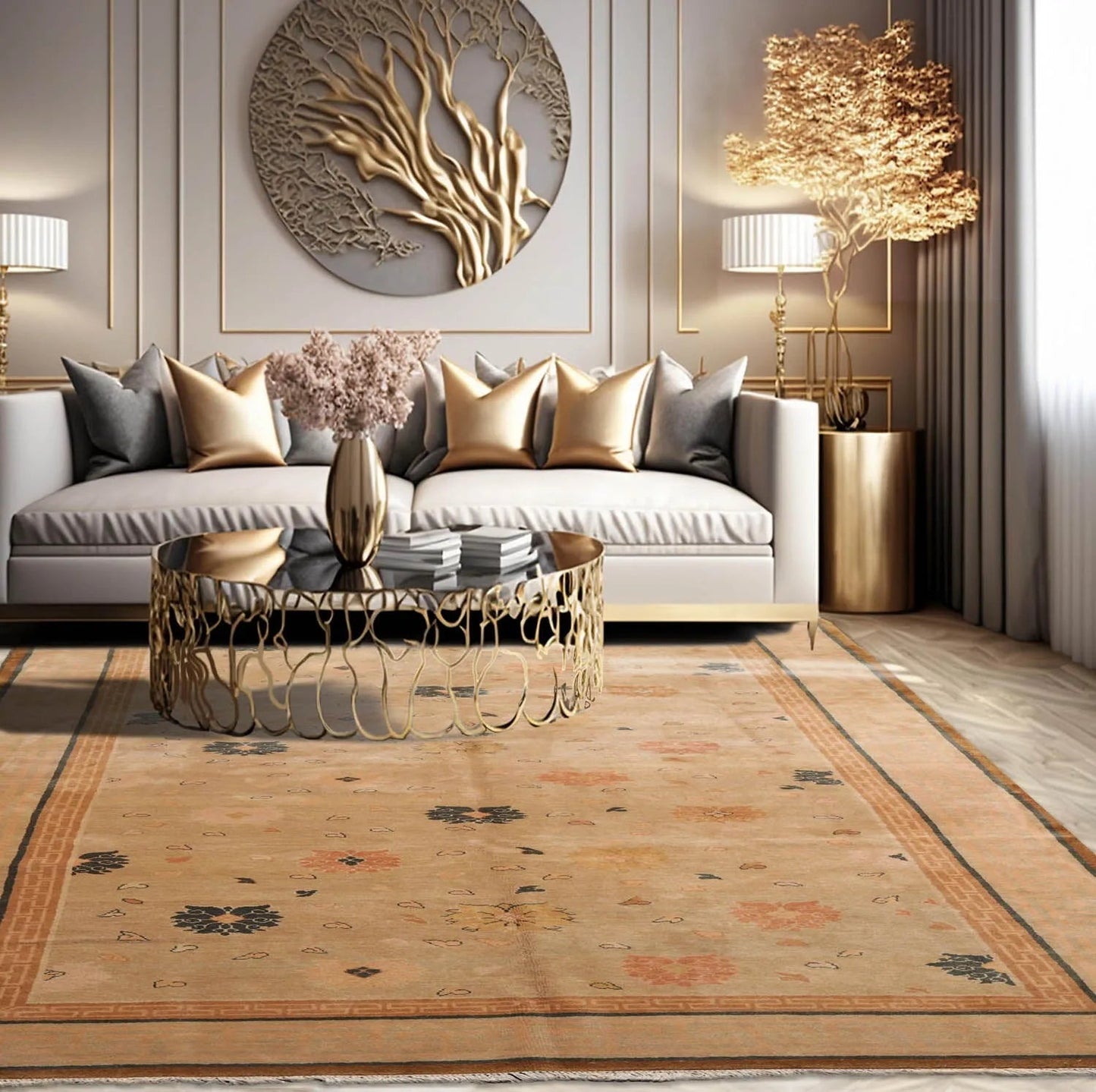 6x9 Beige Hand Knotted Tibetan 100% Wool Art Deco Traditional Oriental Area Rug-0