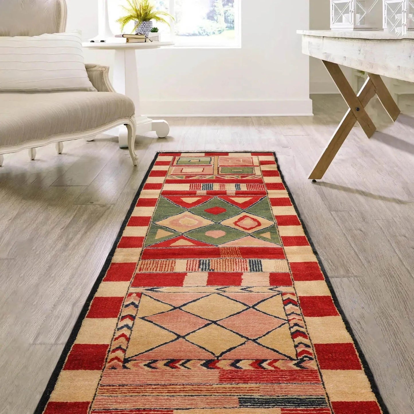2'7''x12'3'' Runner Red, Green Hand Knotted Tibetan 100% Wool Michaelian & Kohlberg Modern & Contemporary Oriental Area Rug-0