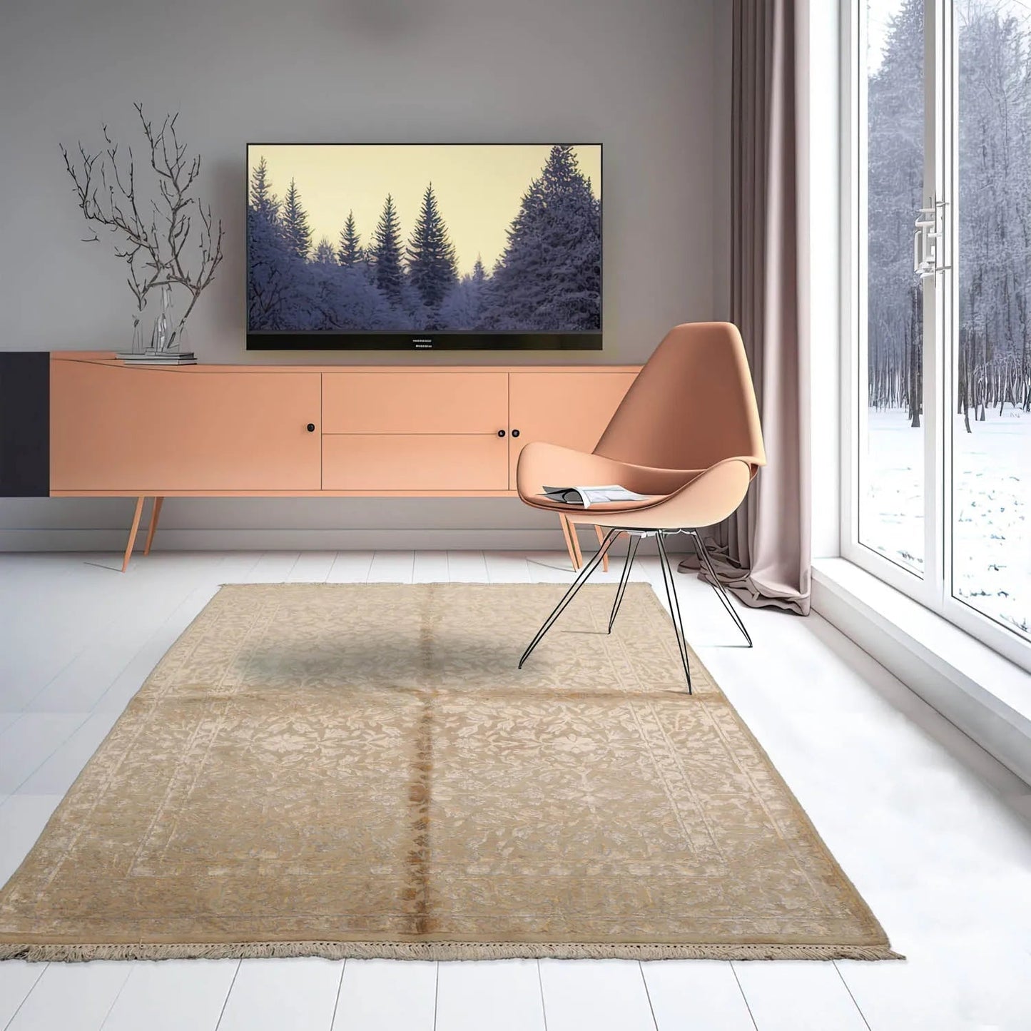 4x6 Ivory, Gray Hand Knotted Tibetan 100% Wool Tibetan Modern & Contemporary Oriental Area Rug-0