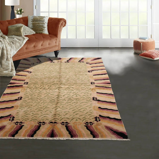 3'11 x 7' Beige, Sage Hand Knotted Tibetan 100% Wool Michaelian & Kohlberg Modern & Contemporary Oriental Area Rug-0