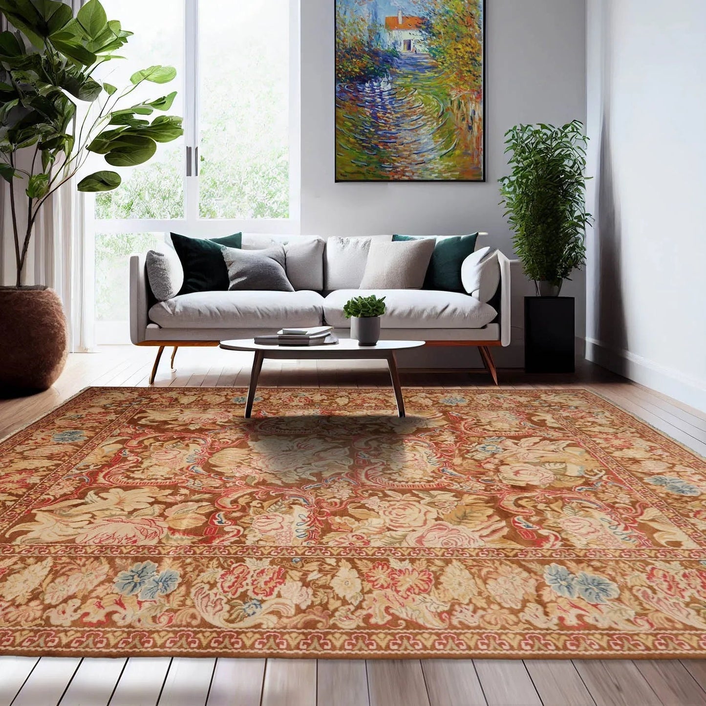 9x12 Brown, Beig Hand Knotted Oushak Wool and Silk Turkish Oushak Arts & Crafts Oriental Area Rug-0