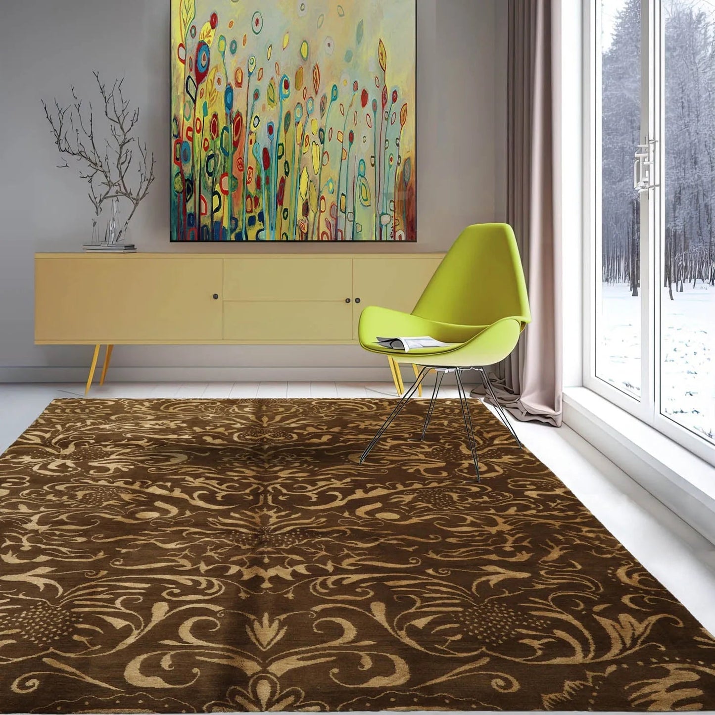 8x10 Olive, Gold Hand Knotted Tibetan Wool and Silk Transitional Oriental Area Rug-0