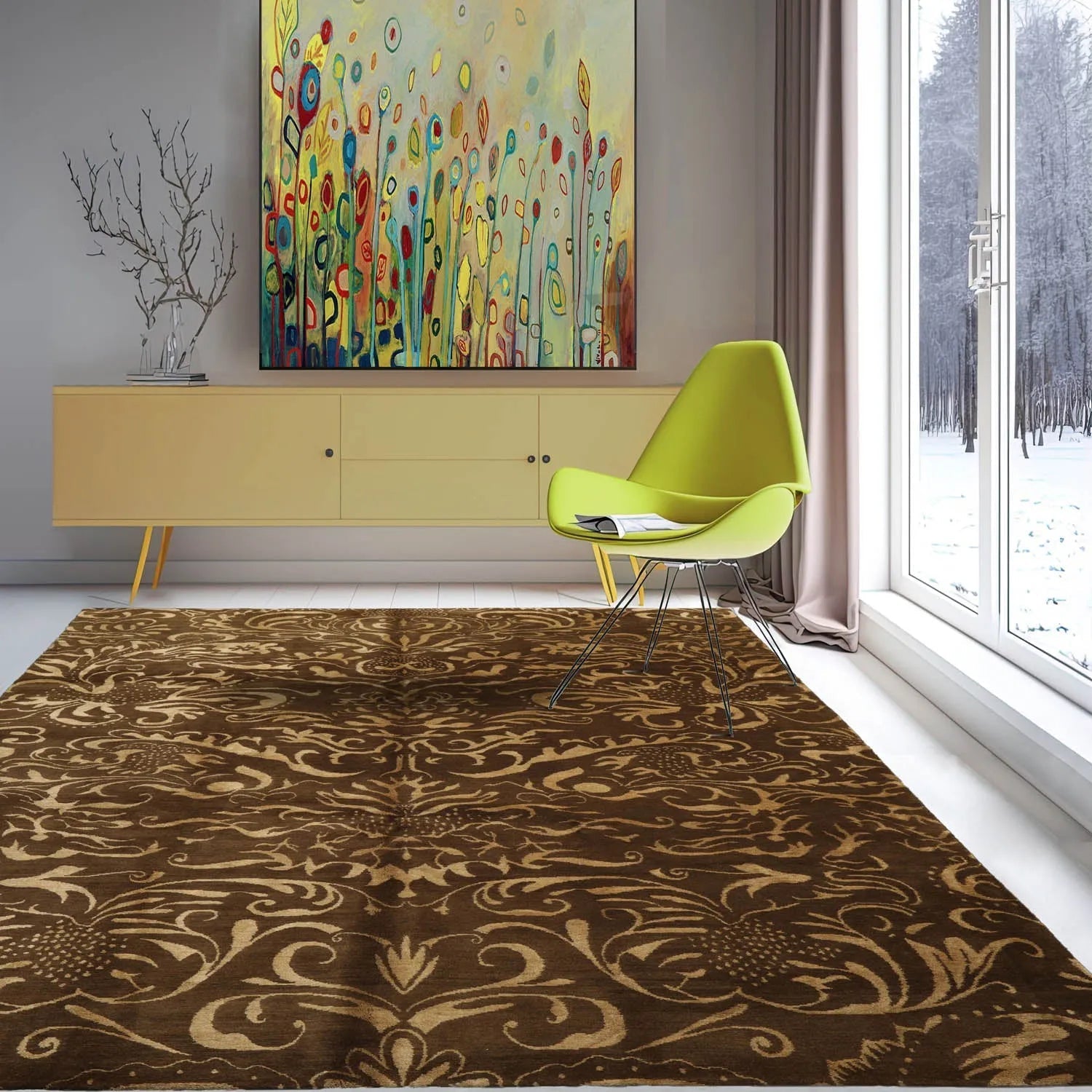 8x10 Olive, Gold Hand Knotted Tibetan Wool and Silk Transitional Oriental Area Rug-0
