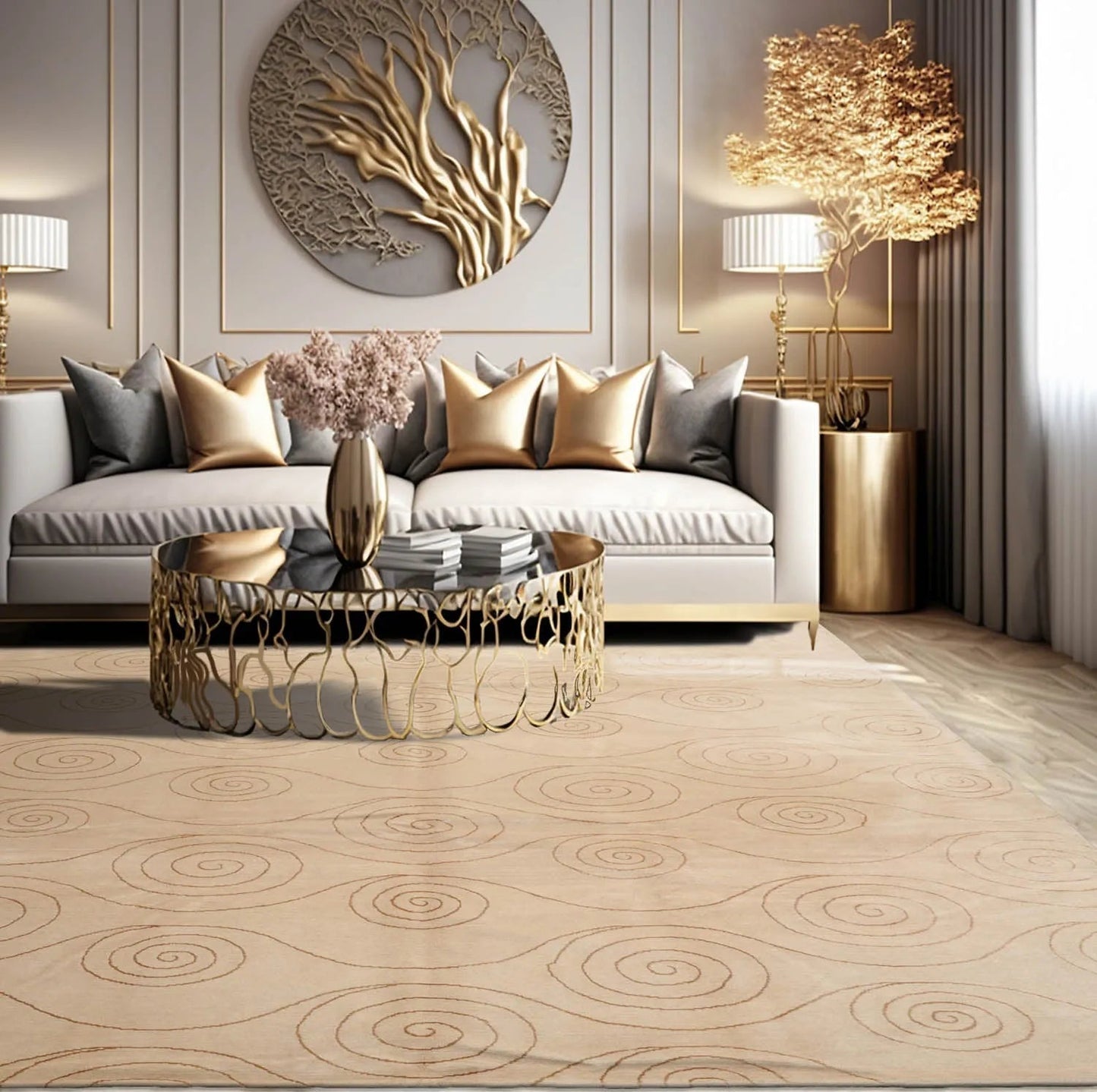 8x10 Beige,Gold Hand Knotted Tibetan Wool and Silk Tufenkian Modern & Contemporary Oriental Area Rug-0