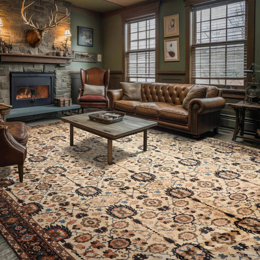 13'3"x16'9" Palace Ivory, Midnight Blue Hand Knotted 100% Wool Mahal Traditional Oriental Area Rug-0
