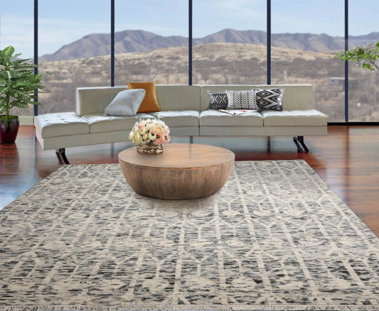 LoomBloom 8x10 Ivory, Gray Hand Knotted Oushak 100% Wool Art Deco Oriental Area Rug-0