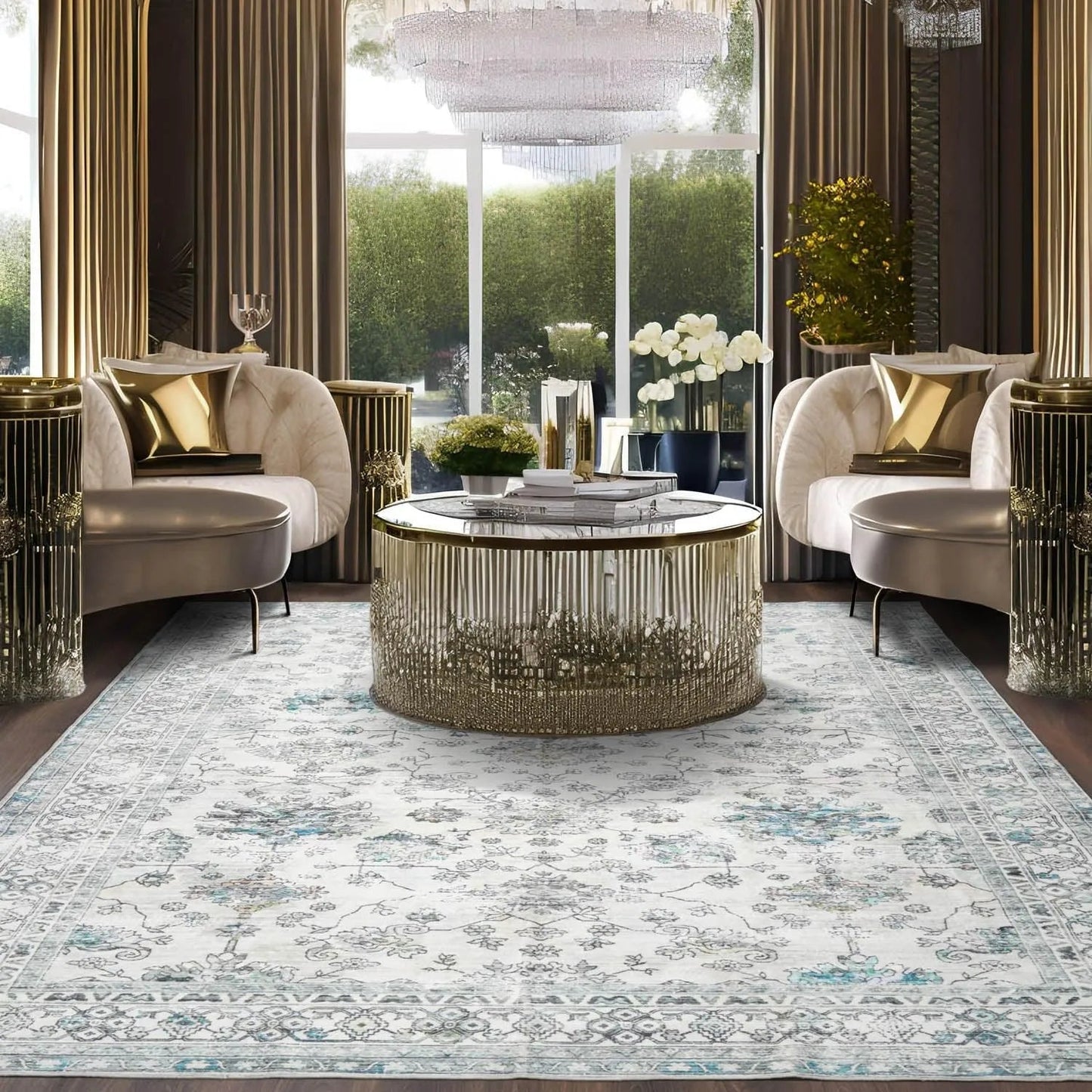 Multi Size Ivory Machine Made Traditional washable Polyester Oriental Area Rug-0