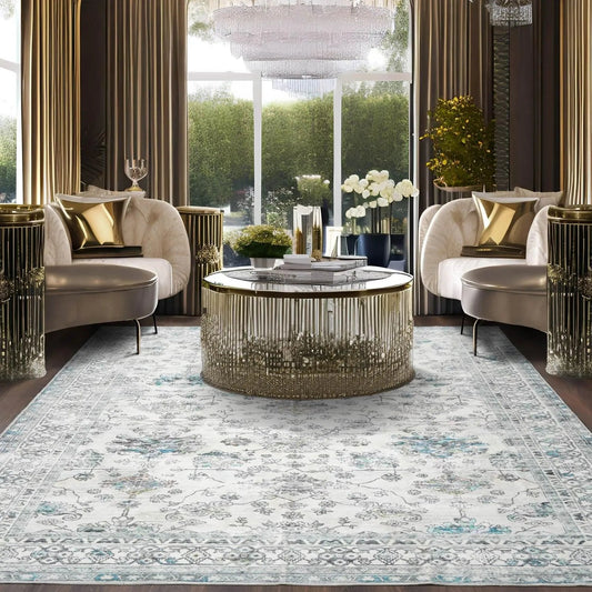 Multi Size Ivory Machine Made Traditional washable Polyester Oriental Area Rug-0