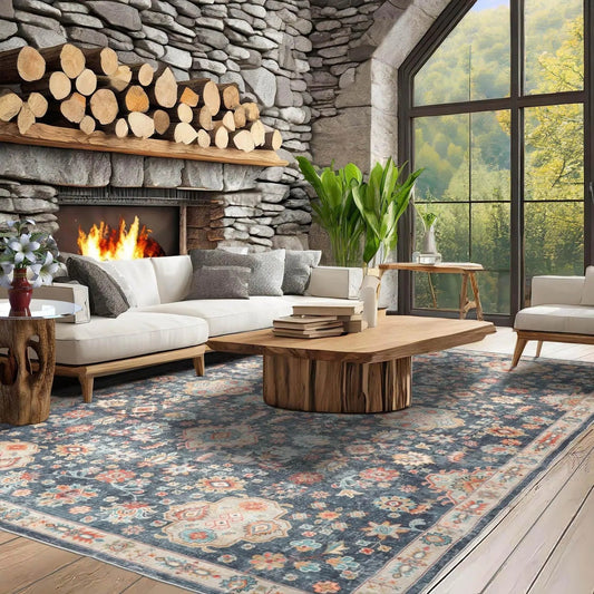 Multi Size Navy Machine Made Traditional washable Polyester Oriental Area Rug-0