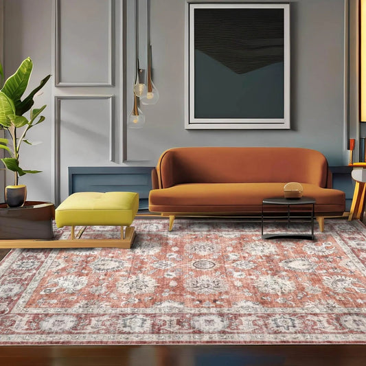 Multi Size Rust Machine Made Traditional washable Polyester Oriental Area Rug-0