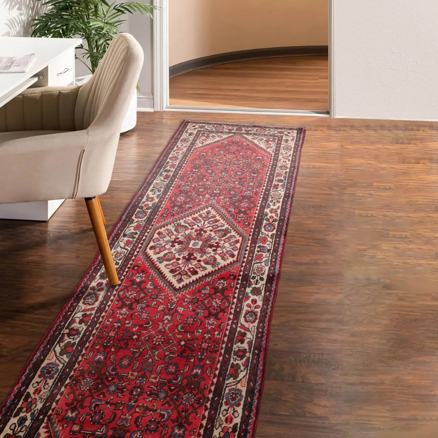 3'6" x 10'4" Runner Herizz Hand Knotted Red Medallion Traditional Wool Oriental Area Rug-0