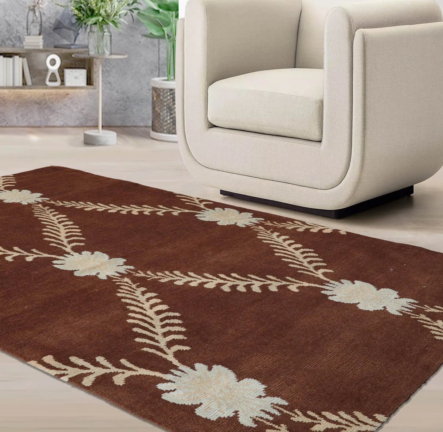 3x5 Hand-Knotted Tibetan Terra Trellis Floral Wool & Silk Brown Are Rug-0