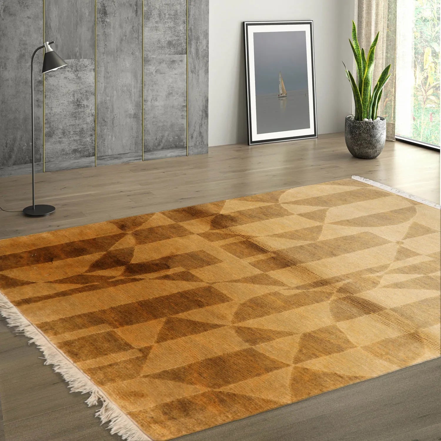 4x6 Gold Hand Knotted Tibetan Contemporary Wool Oriental Area Rug-0