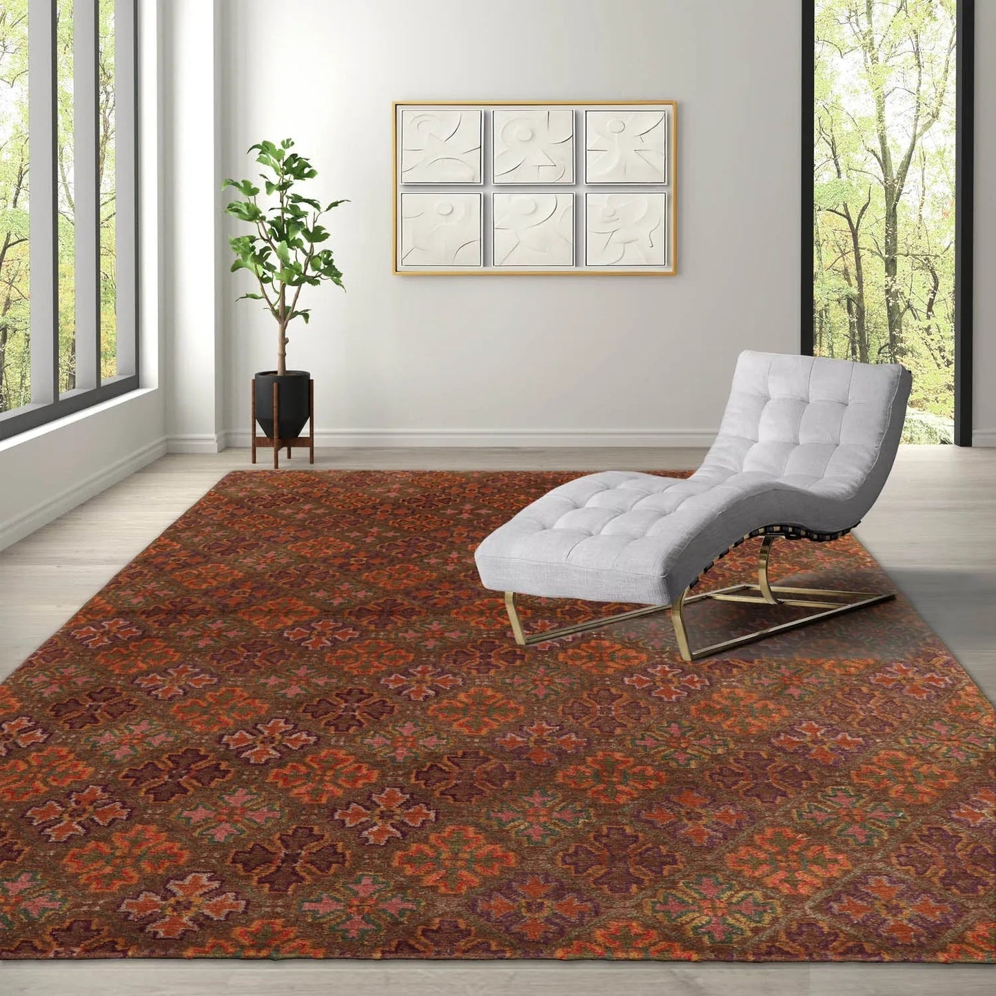 4x6 Brown Hand Knotted Tibetan Transitional  Floral Wool & Silk Oriental Area Rug-0