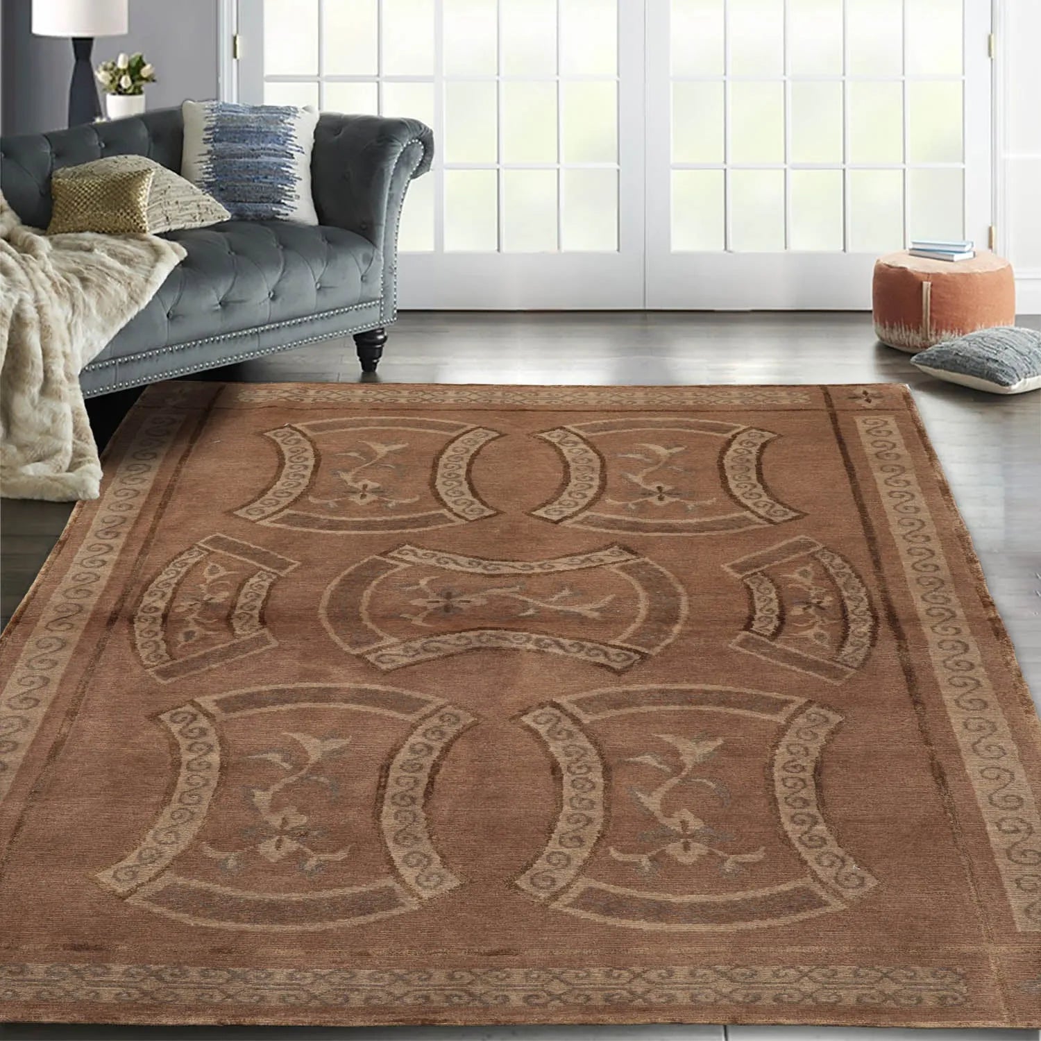 4x6 Taupe Hand Knotted Tibetan Transitional All-Over Wool & Silk Oriental Area Rug-0
