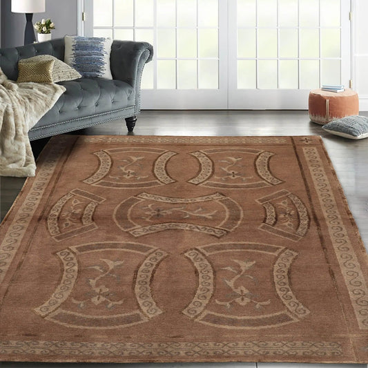 4x6 Taupe Hand Knotted Tibetan Transitional All-Over Wool & Silk Oriental Area Rug-0