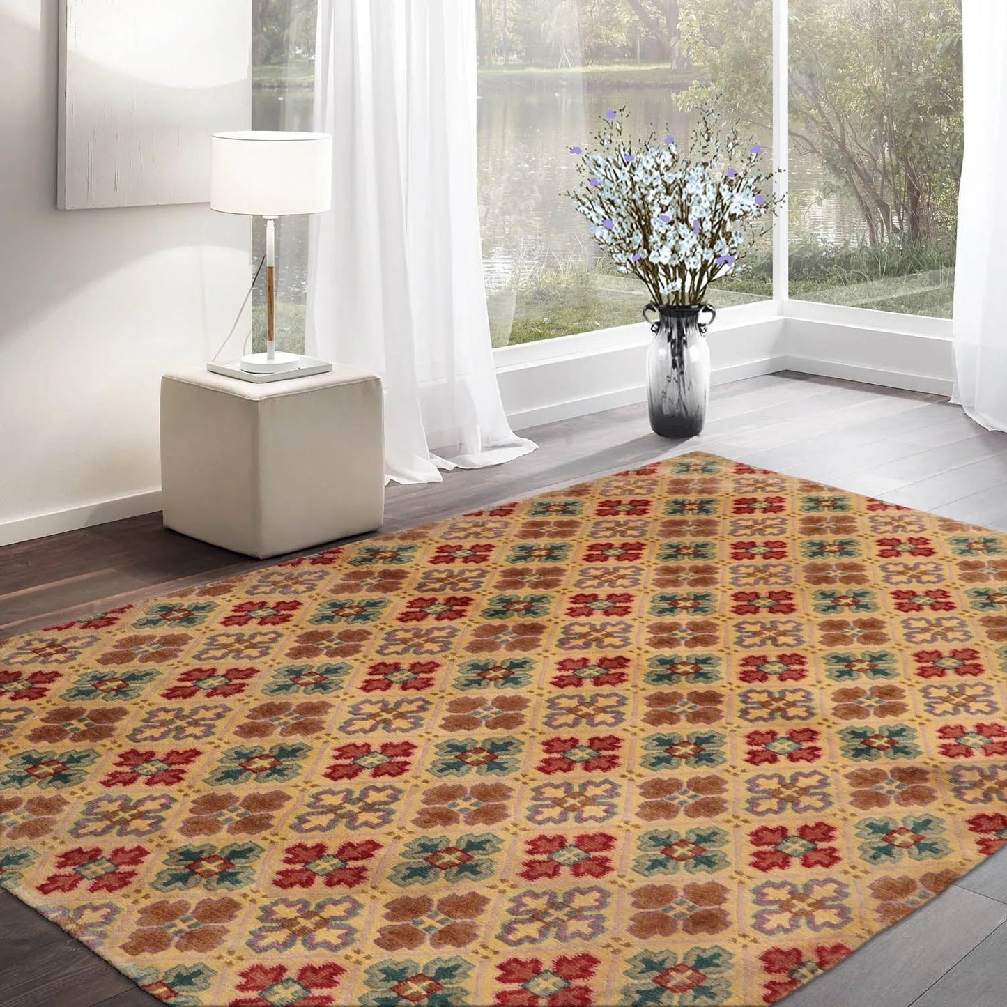 4x6 Beige Hand Knotted Tibetan Transitional  All-Over Wool Oriental Area Rug-0