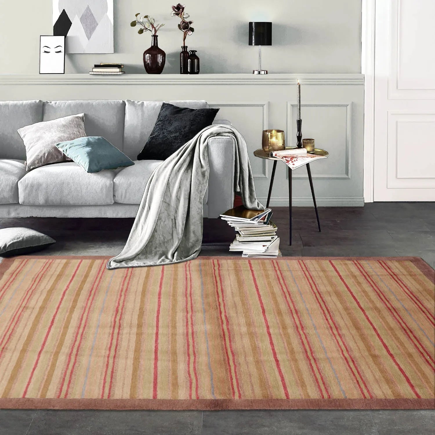 4x6 Sage Hand Knotted Tibetan Contemporary Striped Wool Oriental Area Rug-0
