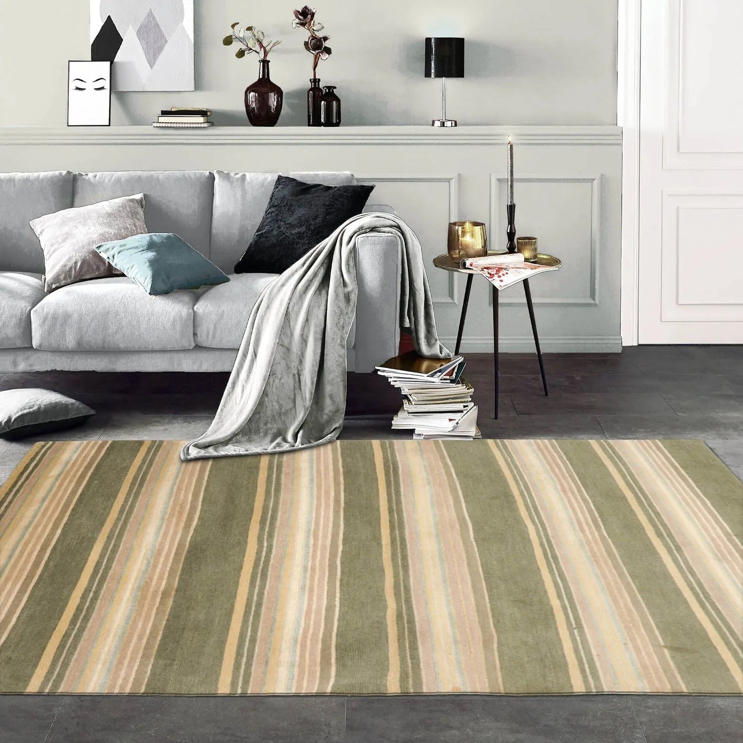 4x6 Beige Hand Knotted Modern Tibetan Striped Wool and Silk Oriental Area Rug-0
