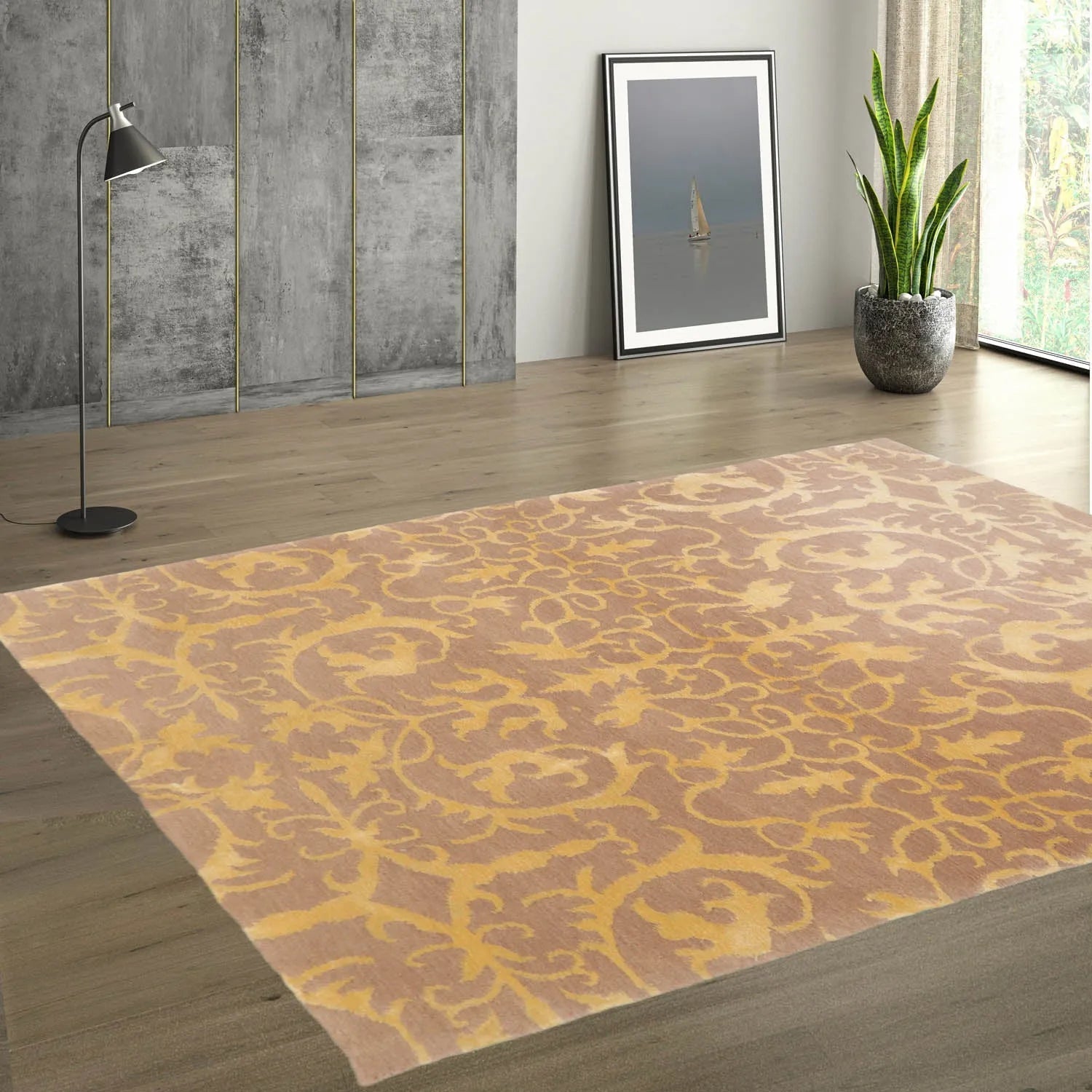 4x6 Beige Hand Knotted Transitional Tibetan Floral Wool and Silk Oriental Area Rug-0