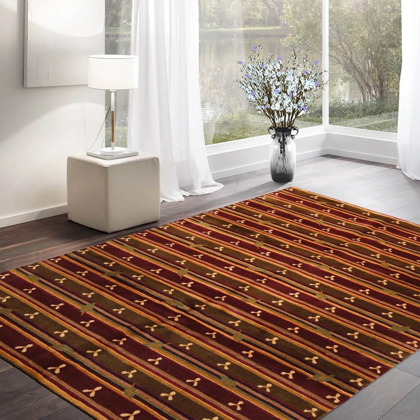 6x9 Green Hand Knotted Tibetan Transitional  Striped Wool Oriental Area Rug-0