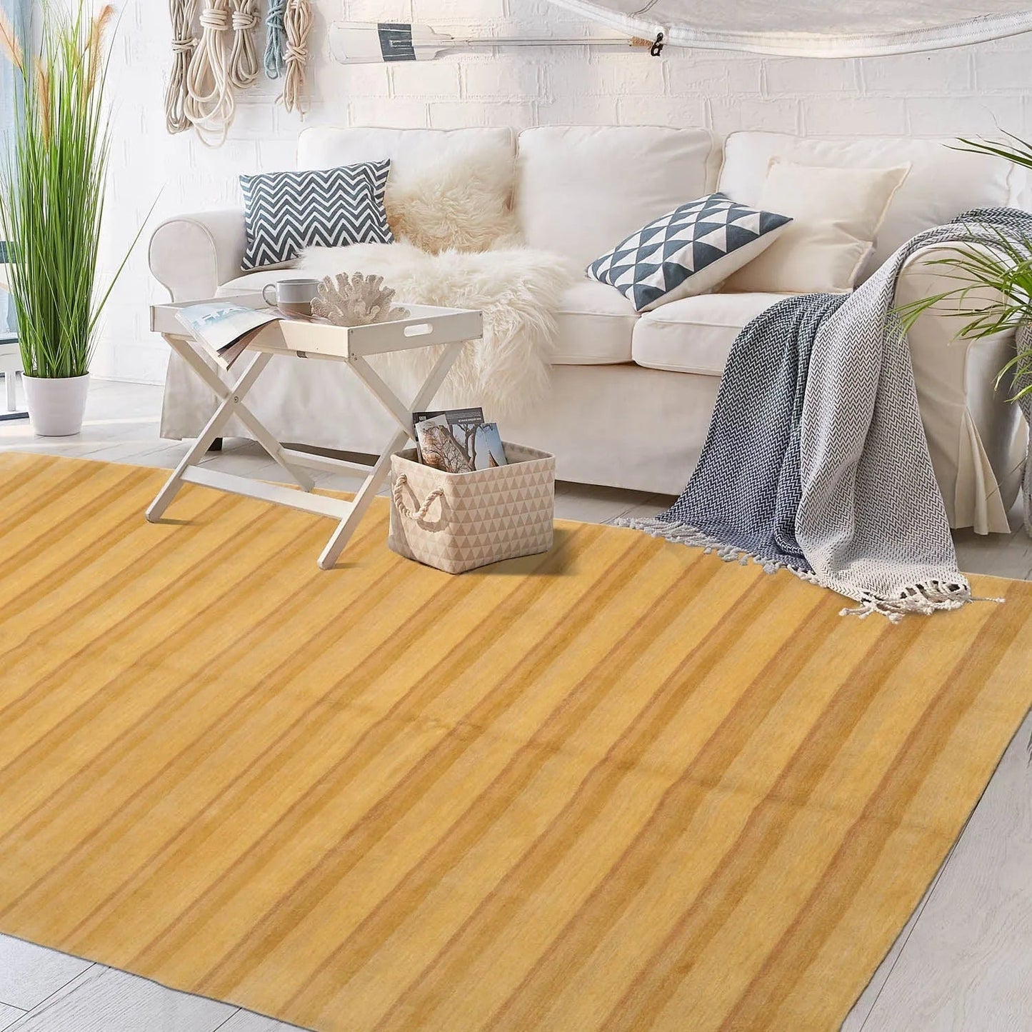 6x9 Gold Hand Knotted Tibetan Modern Striped Wool Oriental Area Rug-0