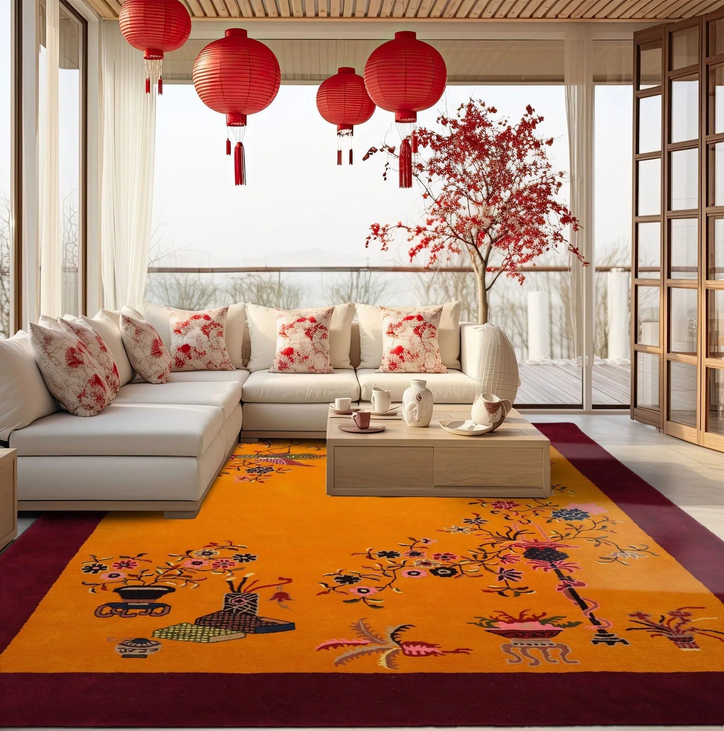 LoomBloom Multi Sizes Gold Hand Tufted Floral Chinese Art Deco New Zealand Wool Oriental Area Rug-0