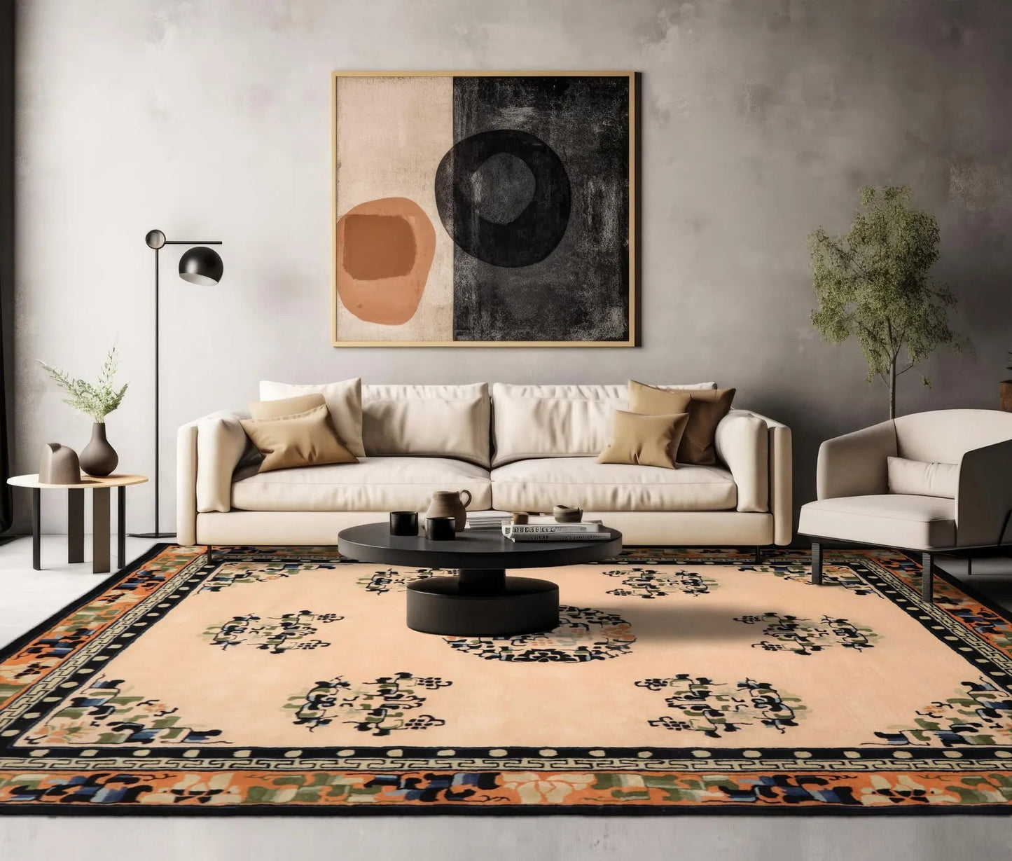 LoomBloom Multi Sizes Beige with Peach Undertone Hand Tufted Medallion Chinese Art Deco New Zealand Wool Oriental Area Rug-0