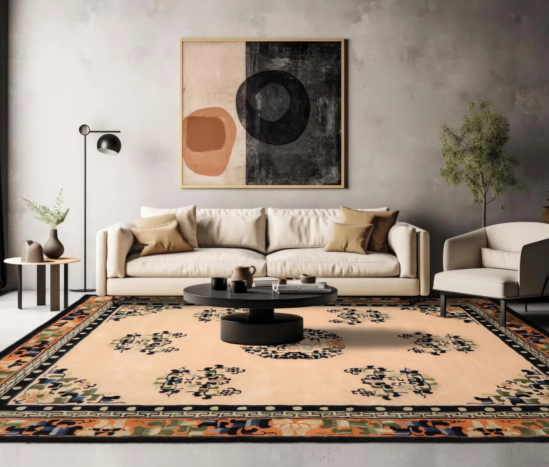 LoomBloom Multi Sizes Beige with Peach Undertone Hand Tufted Medallion Chinese Art Deco New Zealand Wool Oriental Area Rug-0