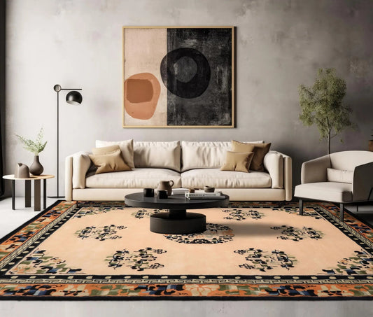 LoomBloom Multi Sizes Beige with Peach Undertone Hand Tufted Medallion Chinese Art Deco New Zealand Wool Oriental Area Rug-0