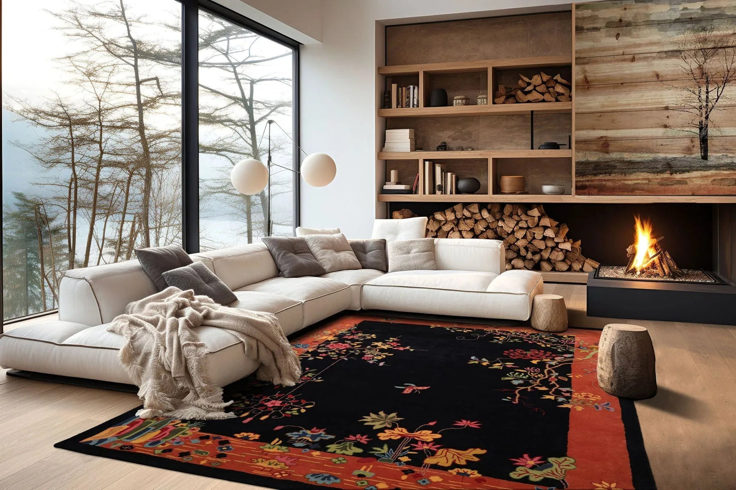 LoomBloom  Multi Sizes Black Hand Tufted Floral Chinese Art Deco New Zealand Wool Oriental Area Rug-0
