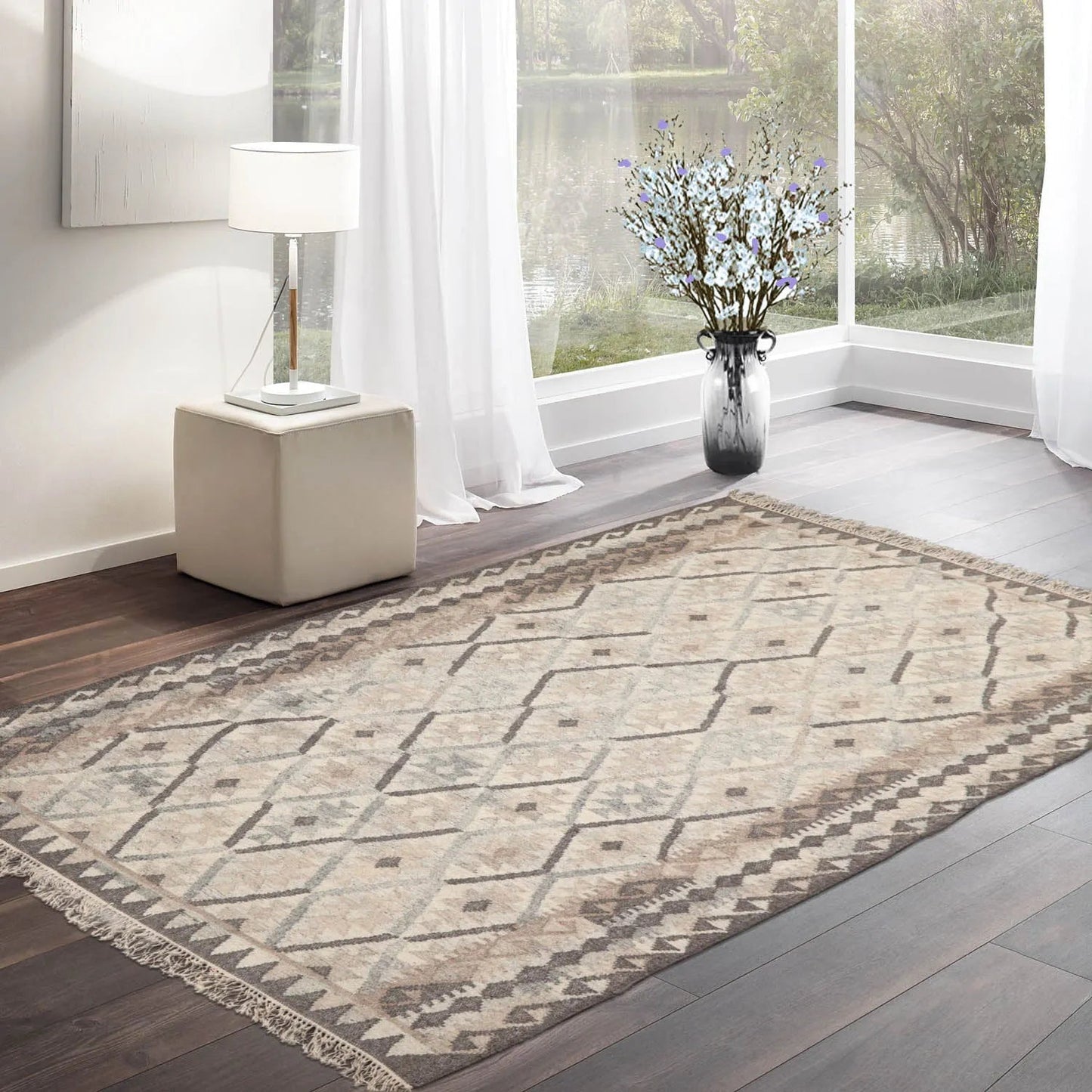 LoomBloom 5x8 Beige Wool Hand Woven Southwestern Kilim Oriental Area Rug-0