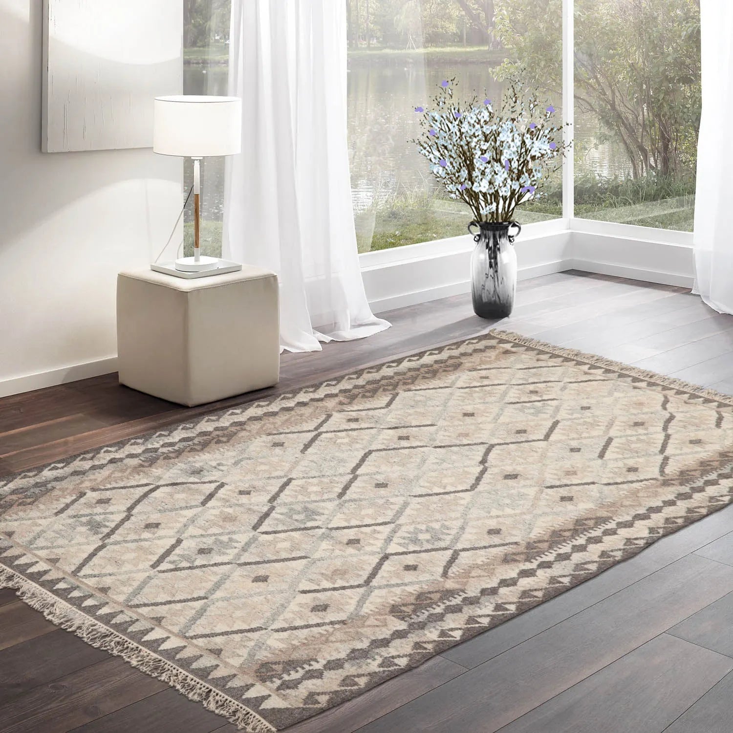 LoomBloom 5x8 Beige Wool Hand Woven Southwestern Kilim Oriental Area Rug-0