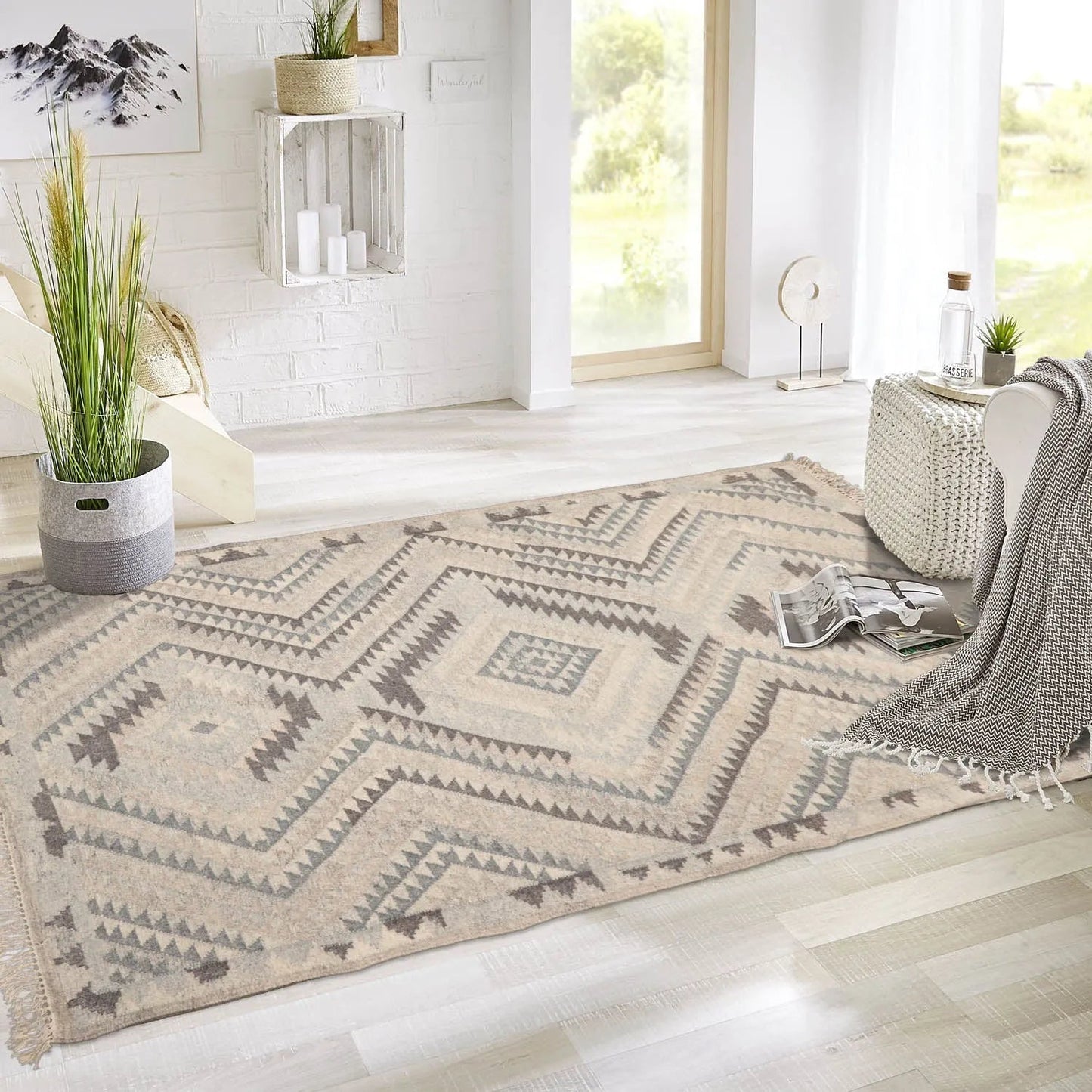 LoomBloom 5x8 Southwestern Beige Handcrafted Wool Kilim Rug-0