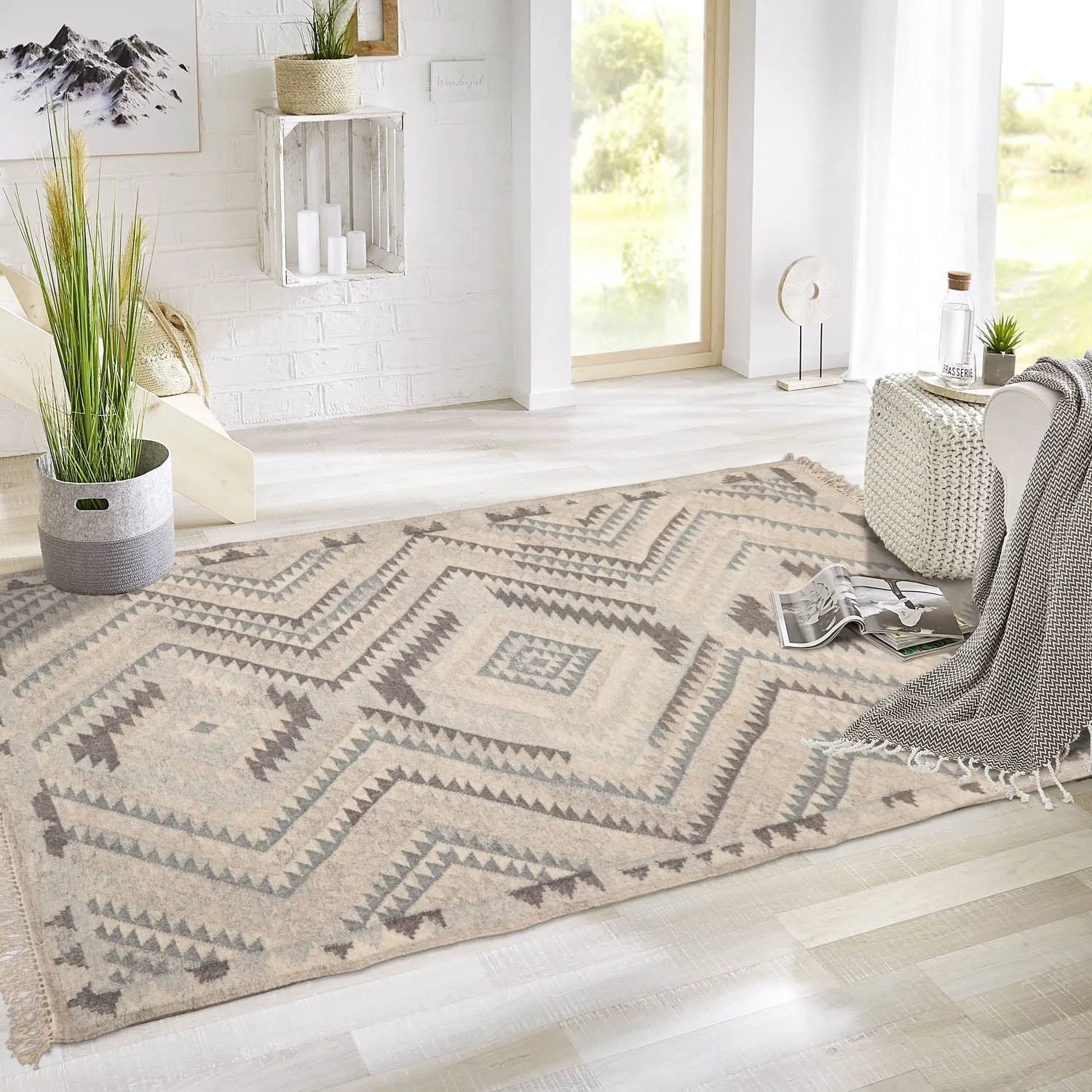 LoomBloom 5x8 Southwestern Beige Handcrafted Wool Kilim Rug-0