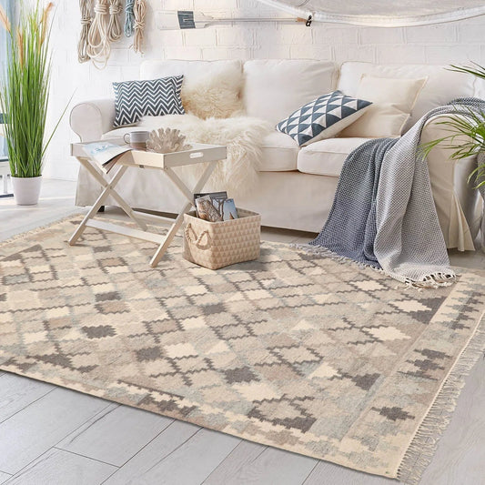 LoomBloom 5x8 Southwestern Beige Handcrafted Wool Kilim Rug-0