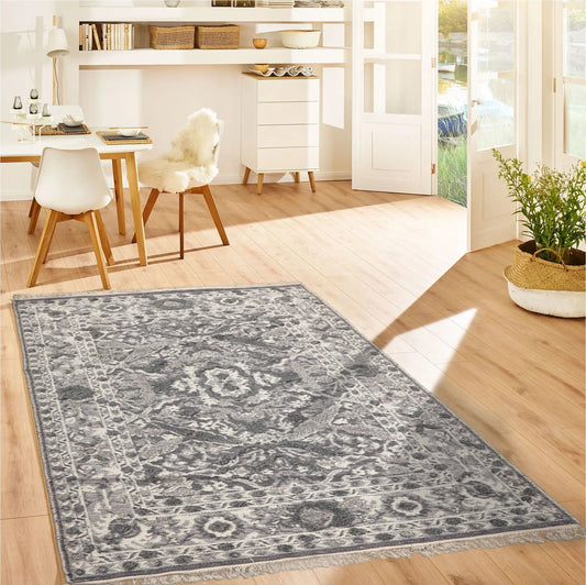 LoomBloom White Oriental Area Rug 5x8 Hand Woven Traditional Kilim Wool-0