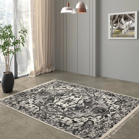 LoomBloom White Oriental Area Rug 5x8 Hand Woven Traditional Kilim Wool-0