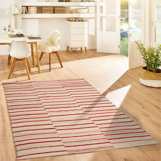 LoomBloom 5x8 Beige Oriental Area Rug Hand Woven with Contemporary Stripes-0
