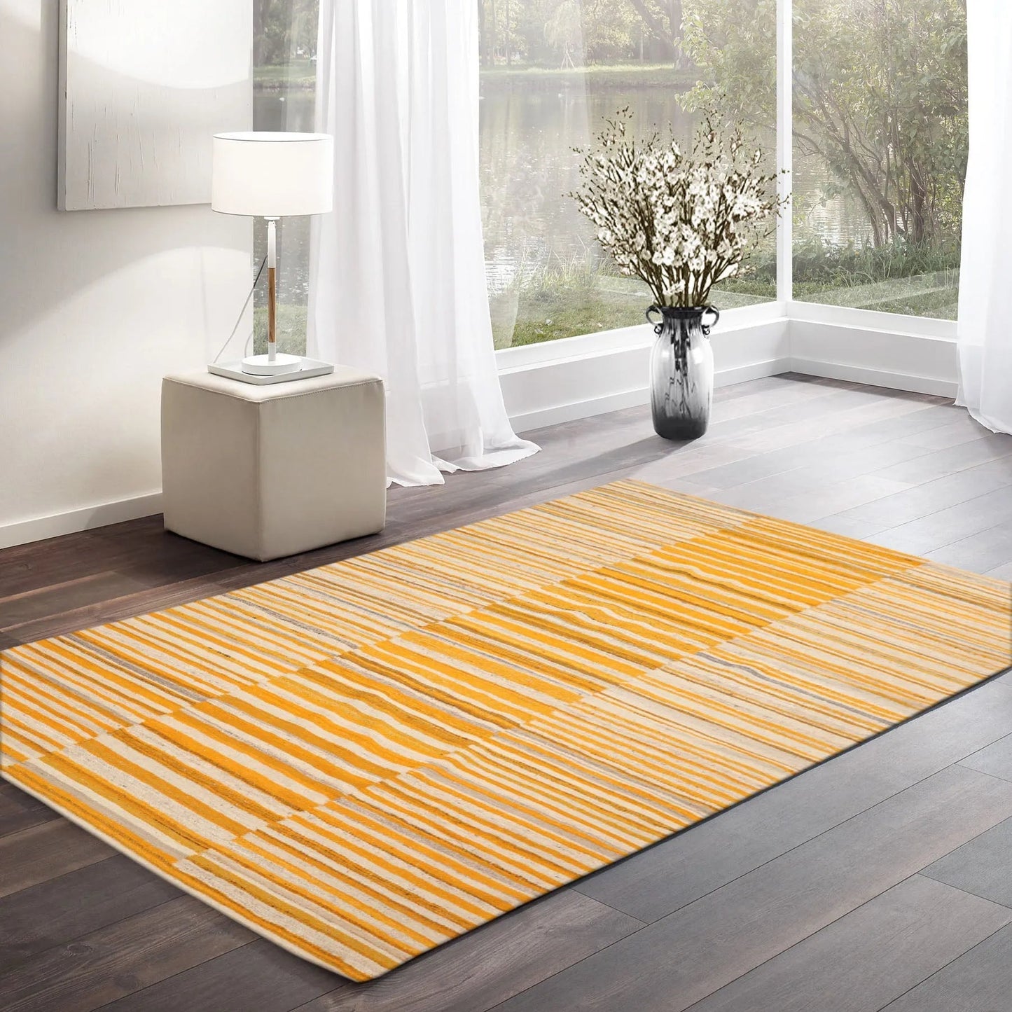 LoomBloom Beige 5x8 Hand Woven Oriental Area Rug with Contemporary Stripes-0