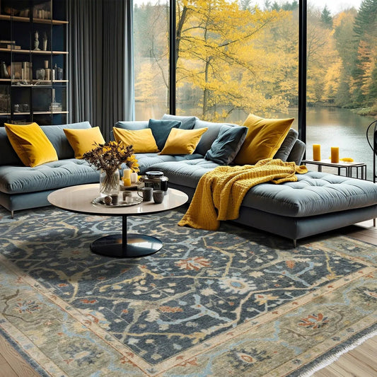 Multi Size Blue Hand Knotted Traditional Oushak Wool Oriental Area Rug-0