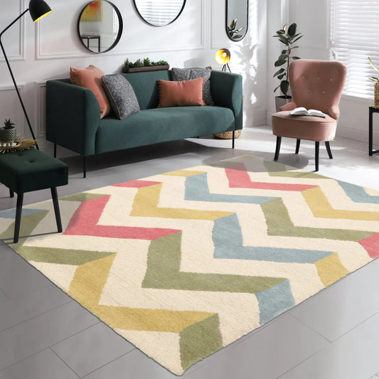 LoomBloom 3'x5' Ivory Hand Tufted Modern Chevron Wool Oriental Area Rug-0