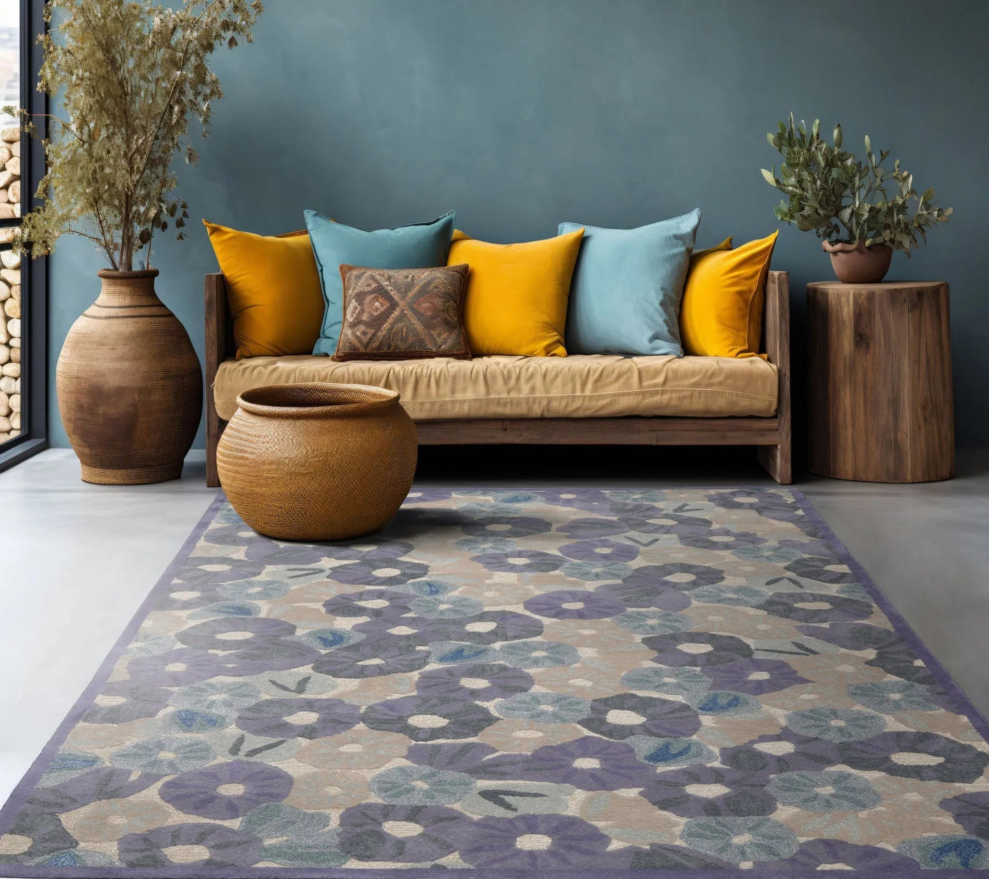 LoomBloom Multi Size Denim Hand Tufted Contemporary Botanical Wool and Faux Silk Oriental Area Rug-1